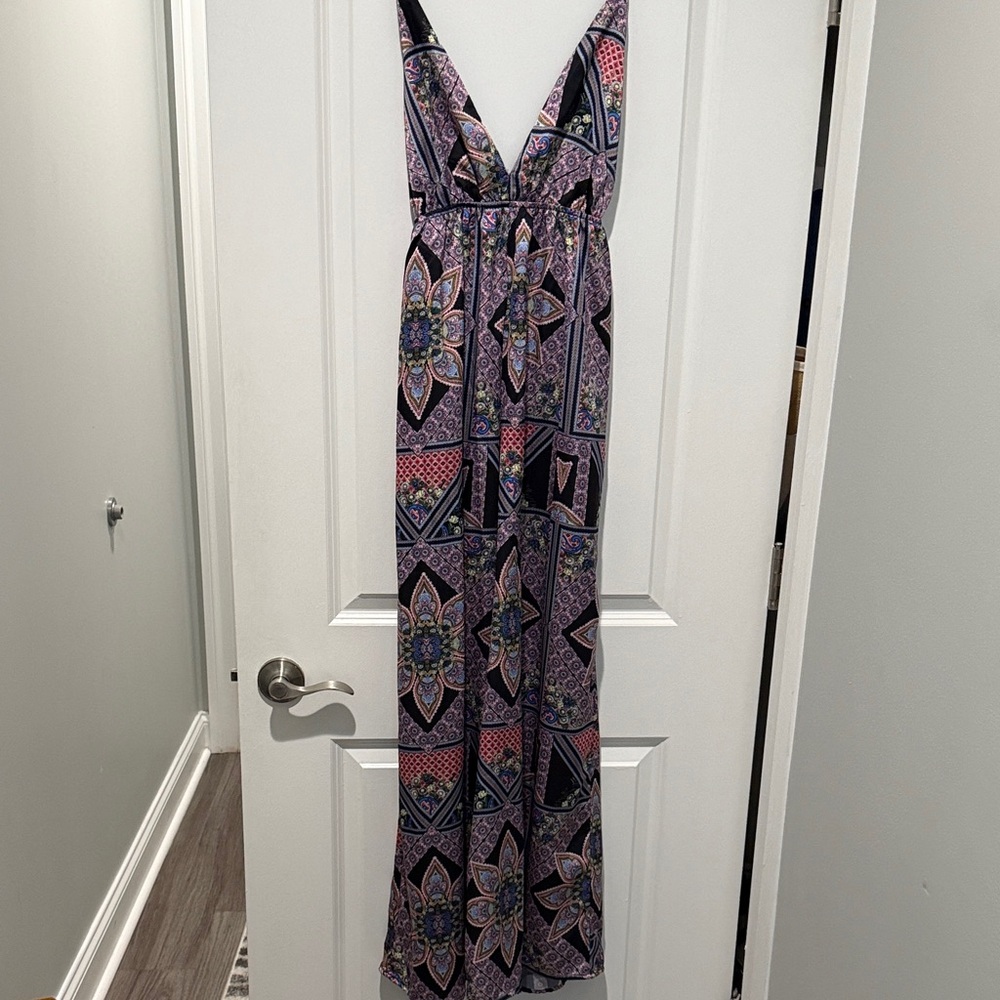 100% silk Bohemian Maxi jumpsuit with Geometric Print